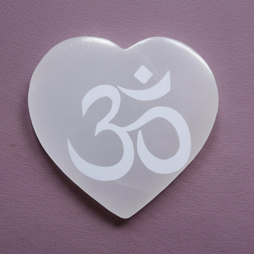 8cm Engraved Heart Charging Plate -  Selenite/Om