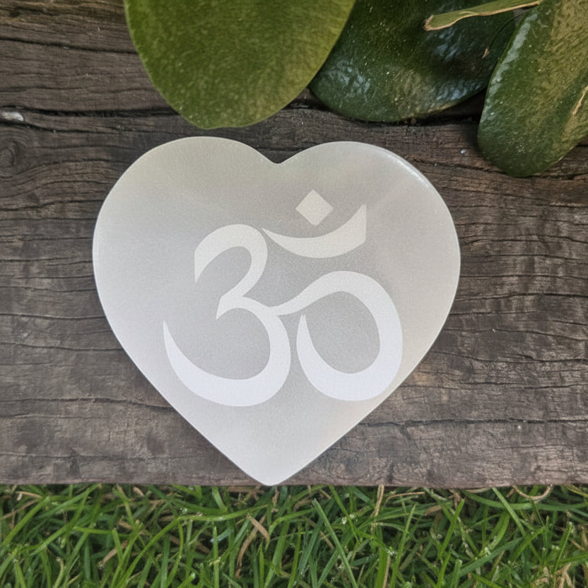 8cm Engraved Heart Charging Plate -  Selenite/Om