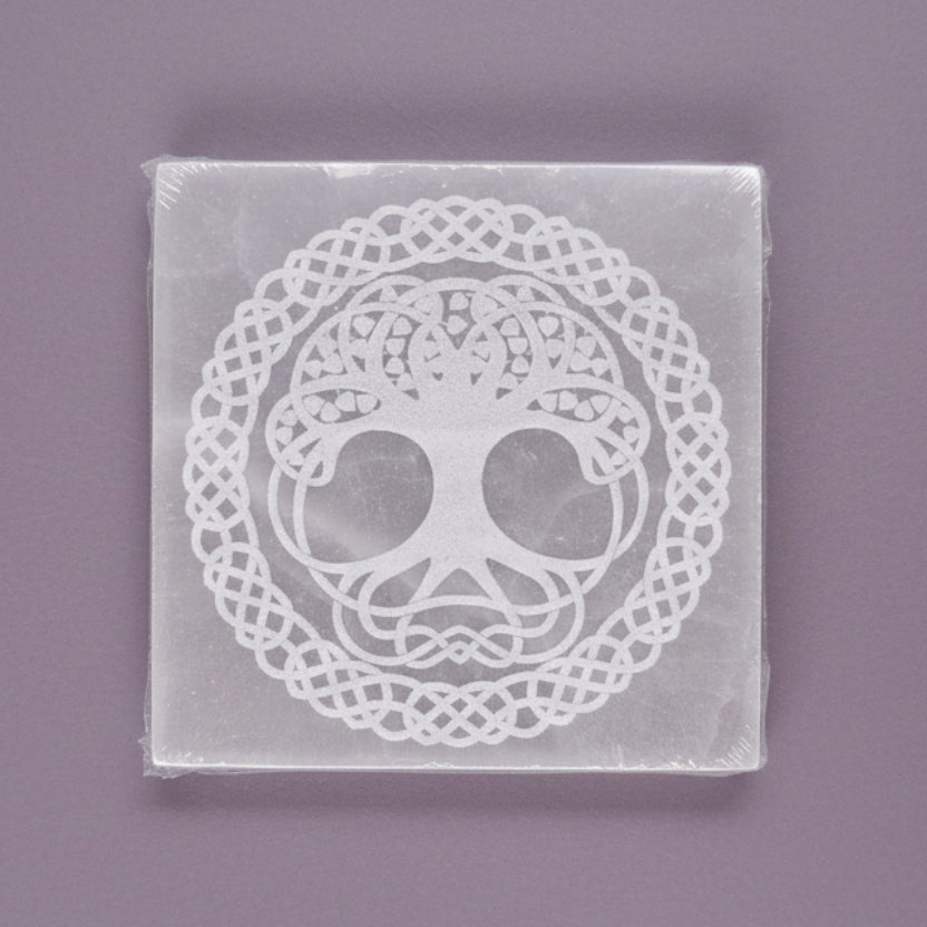 8cm Square Charging Plate - Selenite/Tree of life