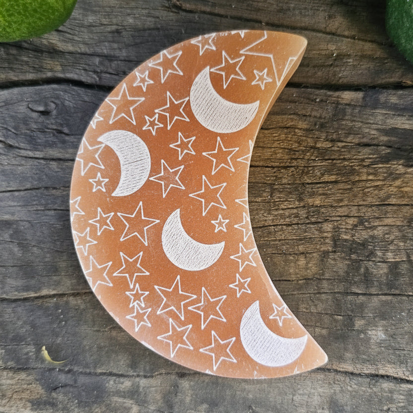 8cm Peach Selenite Crescent - Moon & Stars