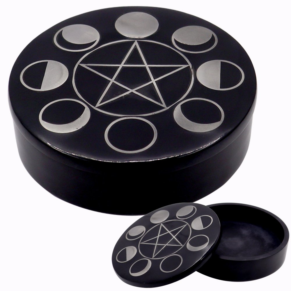 Pentacle Moon Inlay Soapstone Box 4cm x 13cm