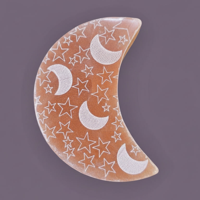 8cm Peach Selenite Crescent - Moon & Stars