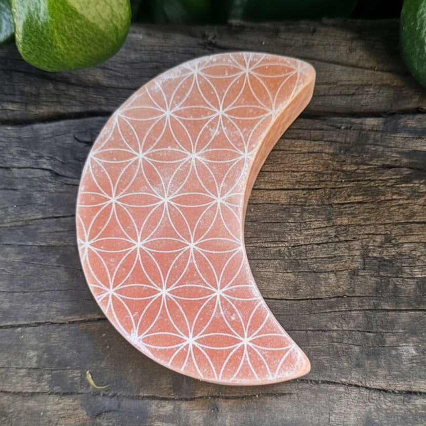 8cm Peach Selenite Crescent Moon - Flower of Life