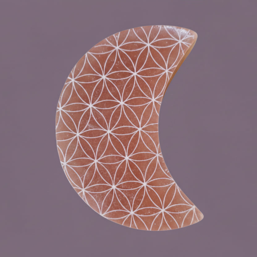 8cm Peach Selenite Crescent Moon - Flower of Life