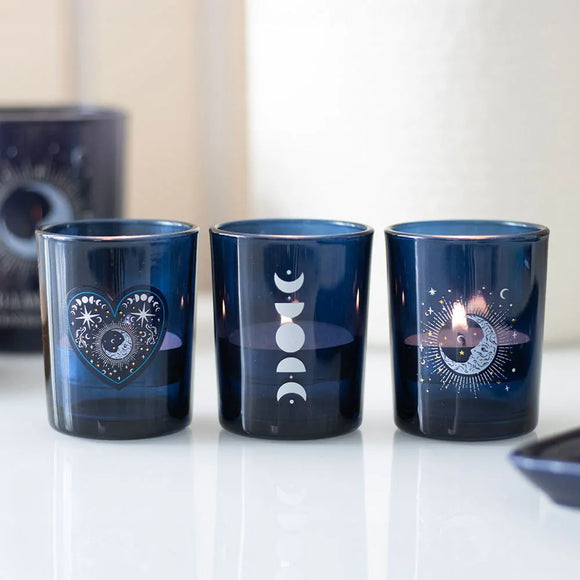 Set of 3 Blue Moon Glass Votive Candle Holders
