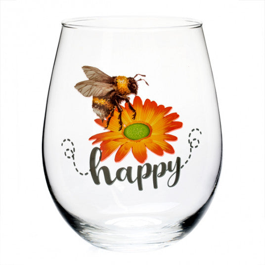 Bee Happy Stemless Wine Glass