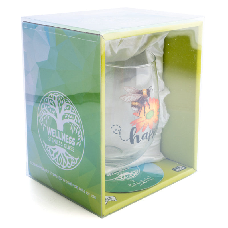 Bee Happy Stemless Wine Glass