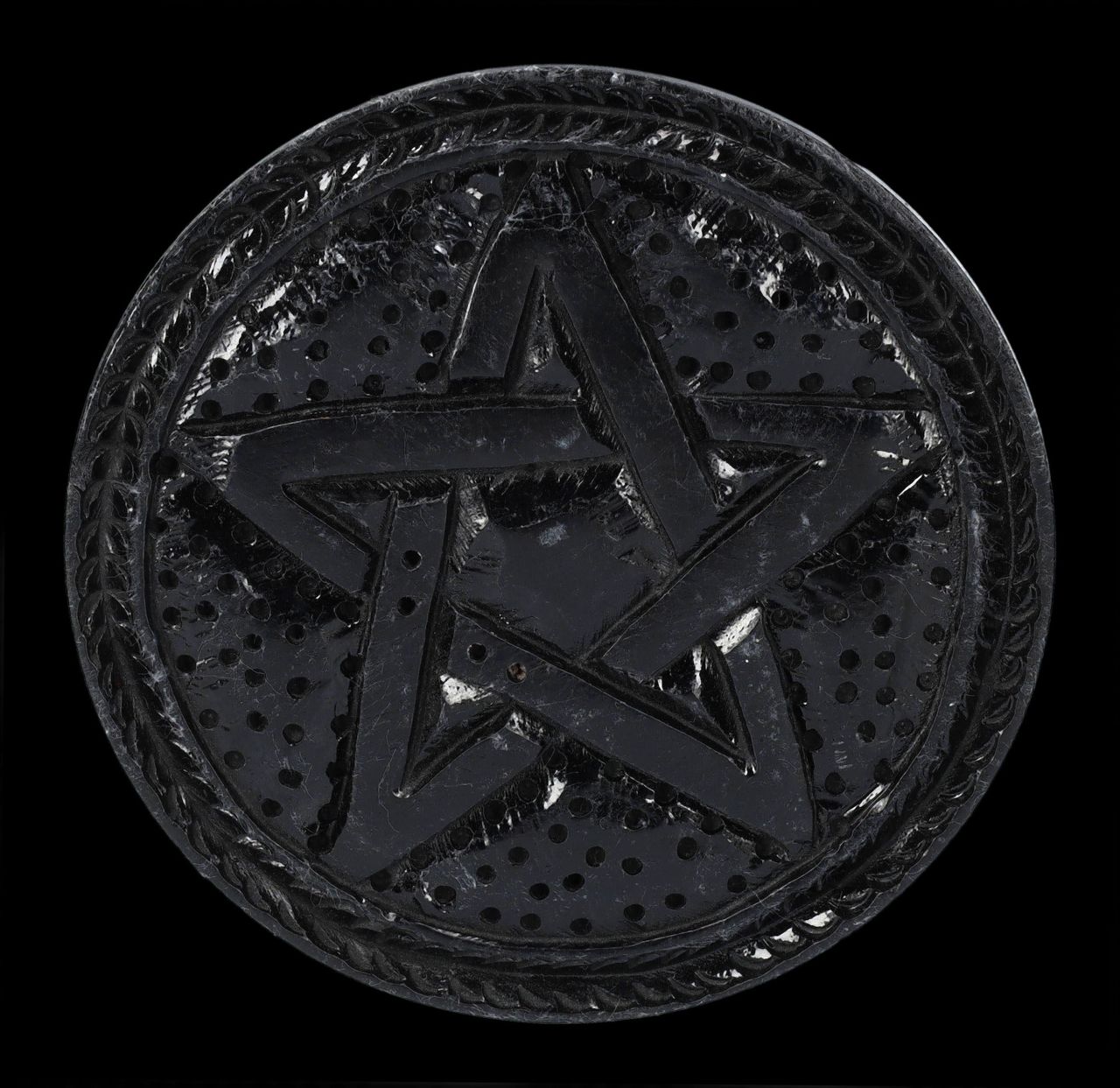 Black Carved  Soapstone Pentagram Incense Plate
