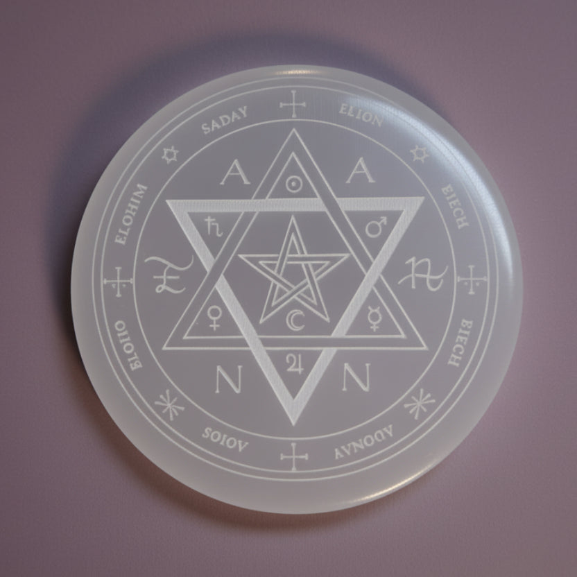 10cm Round Engraved Charging Plate - Selenite/Seal of Solomon