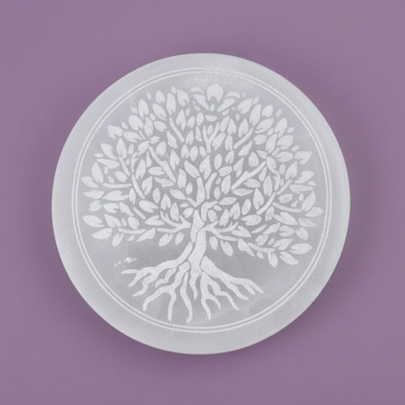 10cm Round Charging Plate - Selenite/Tree of Life