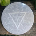 10cm Round Engraved Charging Plate - Selenite/Seal of Solomon