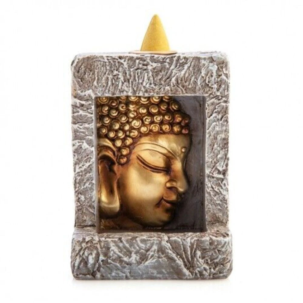 Stone Frame Buddha Head Backflow Incense Burner Cones Holder