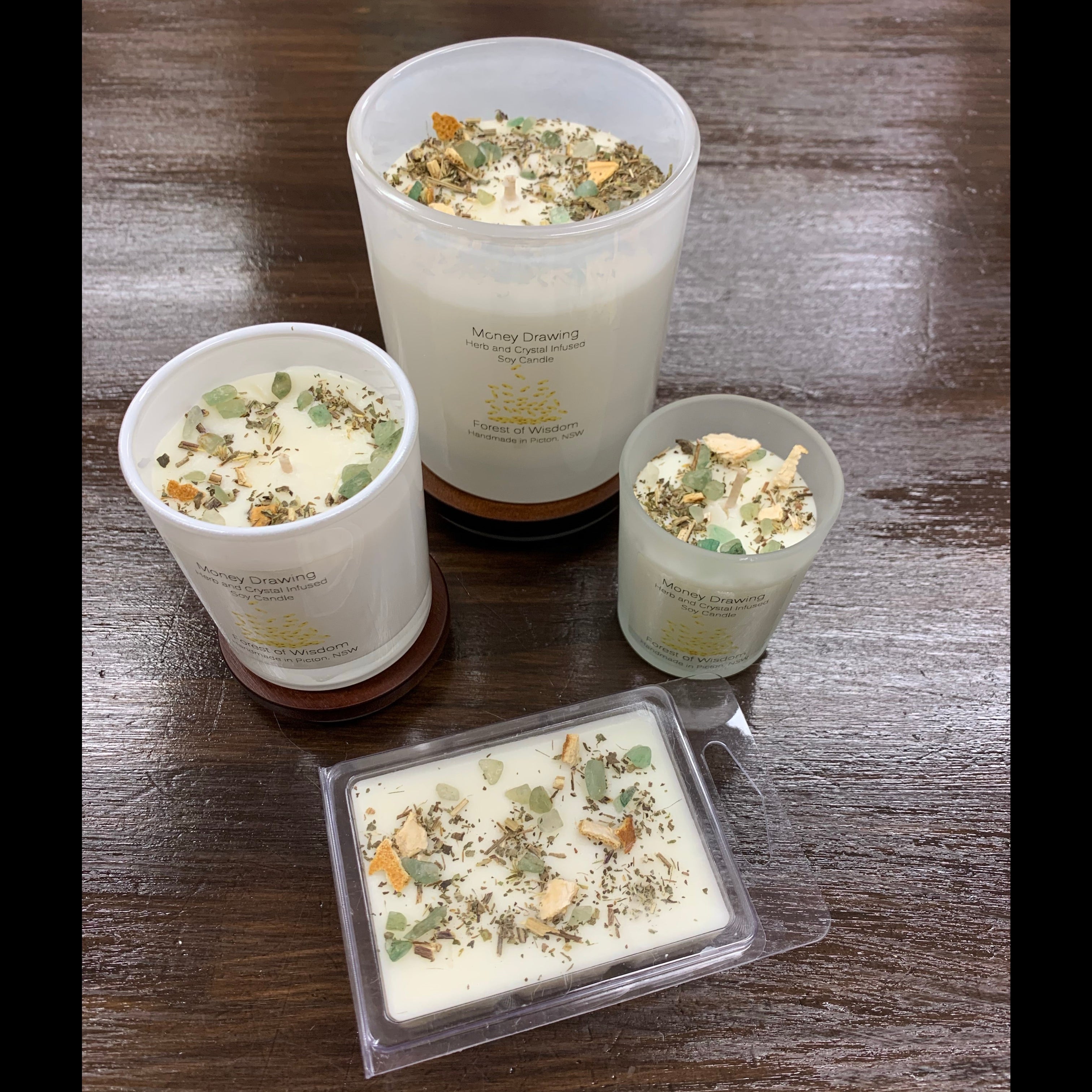 Money Drawing Herb and Crystal Infused Soy Spell Candle