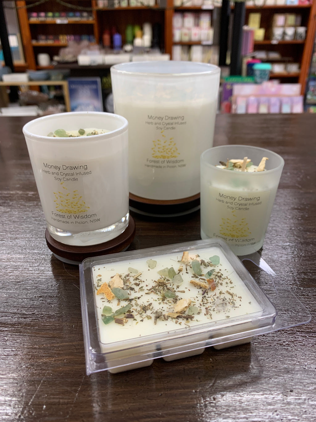 Money Drawing Herb and Crystal Infused Soy Spell Candle