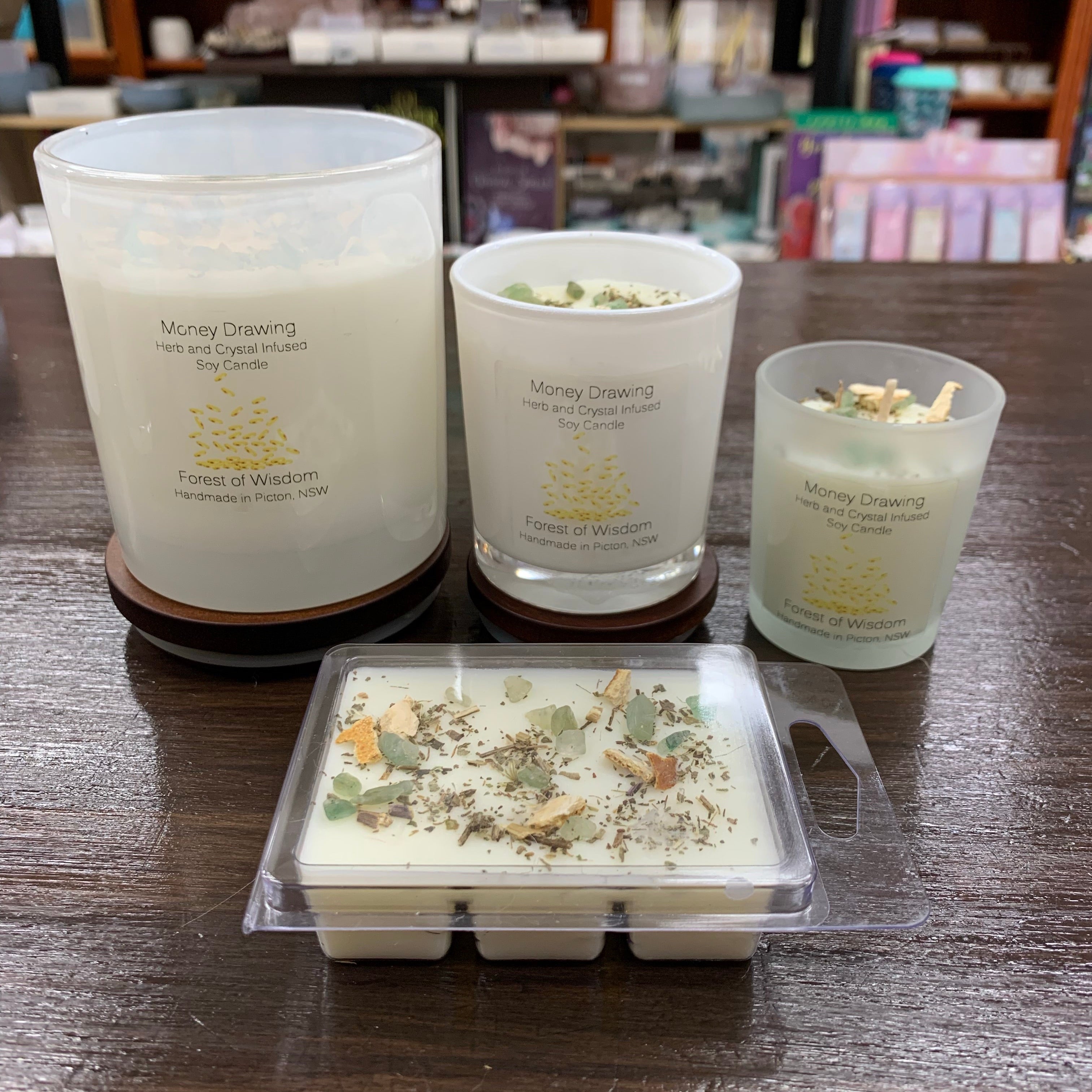 Money Drawing Herb and Crystal Infused Soy Spell Candle