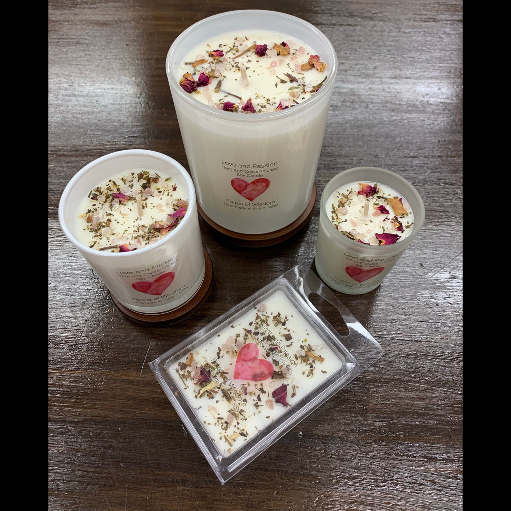 Love and Passion Herb and Crystal Infused Soy Spell Candle